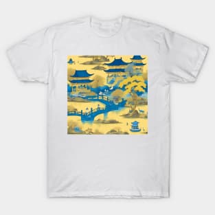 Chinoiserie landscape in blue and yellow T-Shirt